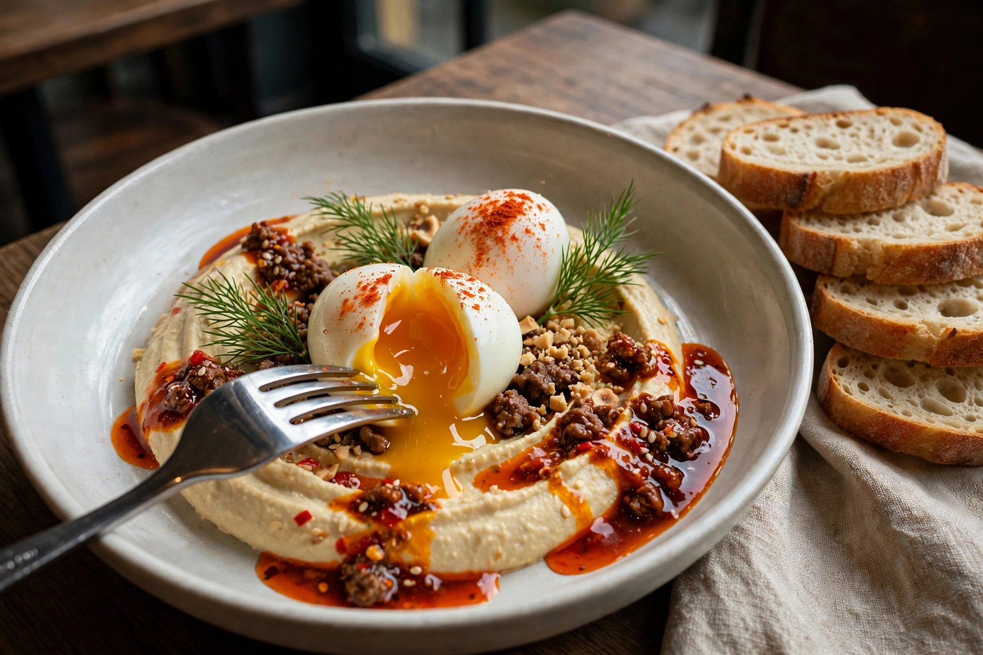 Soft eggs with sauce and bread